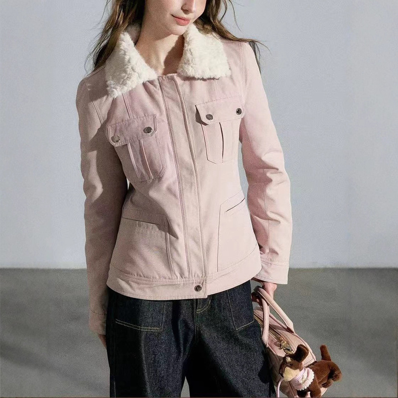 2025 New Autumn and Winter Commuter Versatile Jacket Tops Thickeneded Lapel Pink Cotton Jacket for Women