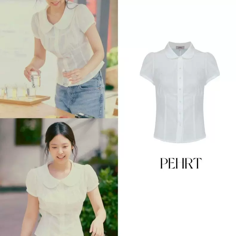 现货 2025夏季新款韩国东大门Jennie同款娃娃领收腰短袖衬衫上衣