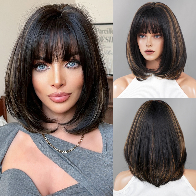Cross-border European and American women's shoulder-length wig bob short straight black gold highlights inner buckle level wig full head cover wholesale