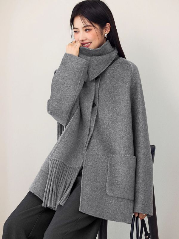 伊*L女装2025秋季新款可脱卸围巾领设计两穿毛呢外套女1G9970141|undefined