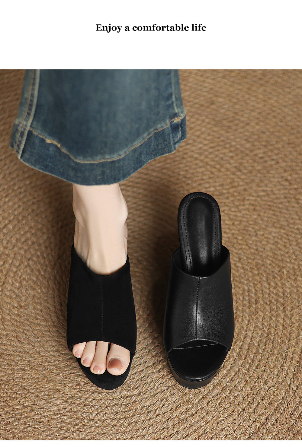 Sandal cao gót đế xuồng nữ hở mũi quai ngang gót 10 cm — Đen [da cừu] chi tiết 10
