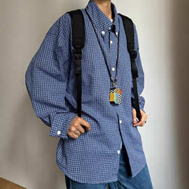 美式复古蓝色格子长袖衬衫t恤男潮牌ins欧美嘻哈潮流衬衣外套上衣
