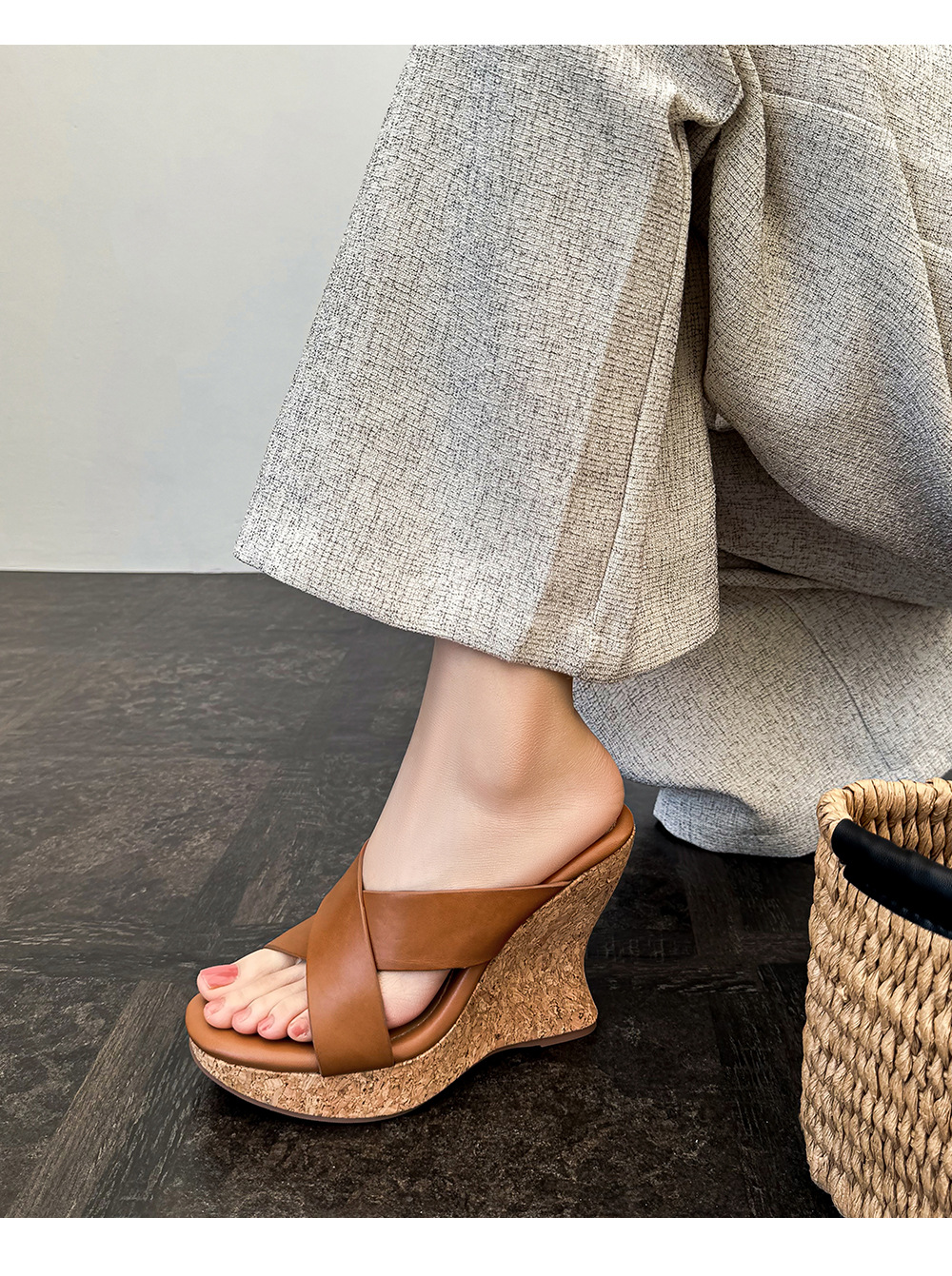 Sandal cao gót nữ quai chéo hở mũi đế xuồng tăng chiều cao — màu nâu, Hồng tím, màu trắng ngà chi tiết 7