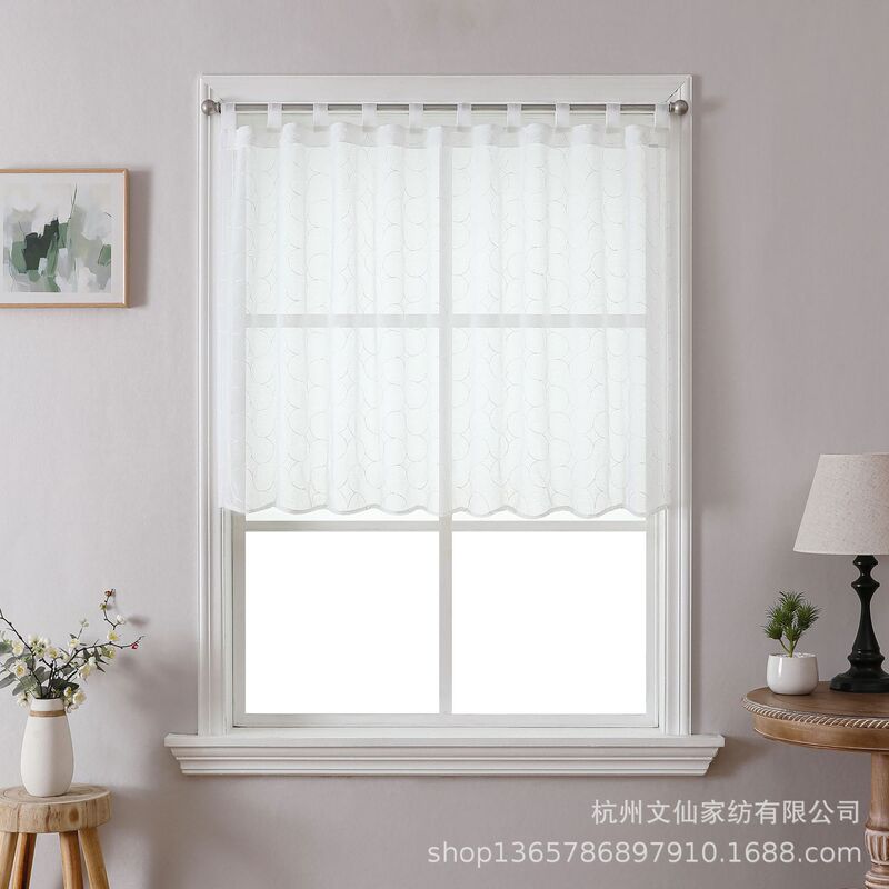 Cross-border Curtain Finished Solid Color Geometric Embroidered Modern Simple Country Style Sling Kitchen Curtain Coffee Curtain Short Curtain