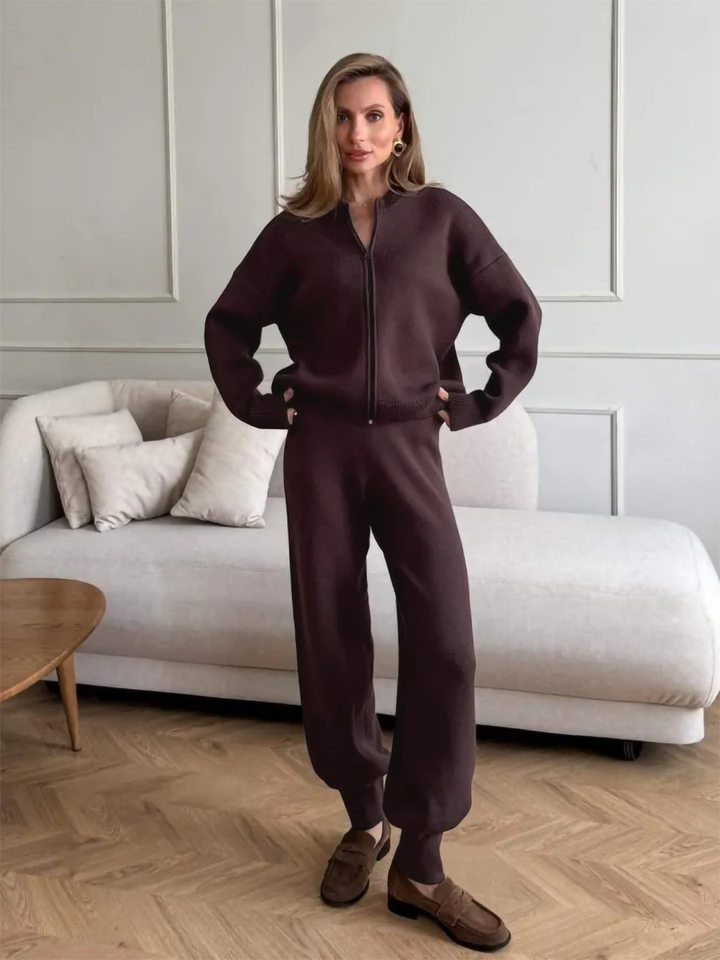 Bộ áo cardigan dệt kim khóa kéo dài tay phối quần ống rộng cho nữ — Màu nâu, Màu trắng, Màu xanh dương chi tiết 6