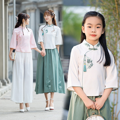 母女亲子装春夏新款立领绣花民族风闺蜜上衣半袖修身显瘦大摆裙