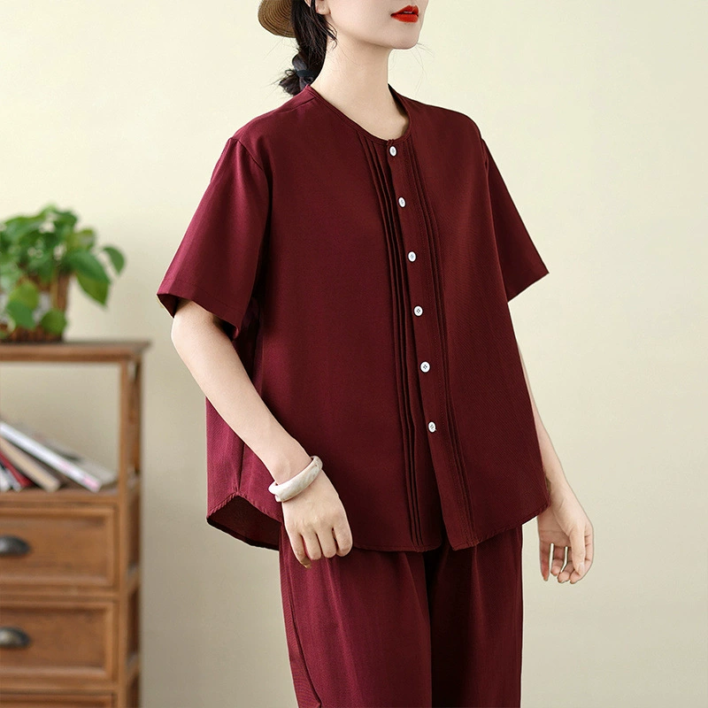 Solid organ, shirt with a round collar, trousers, set, elastic waist