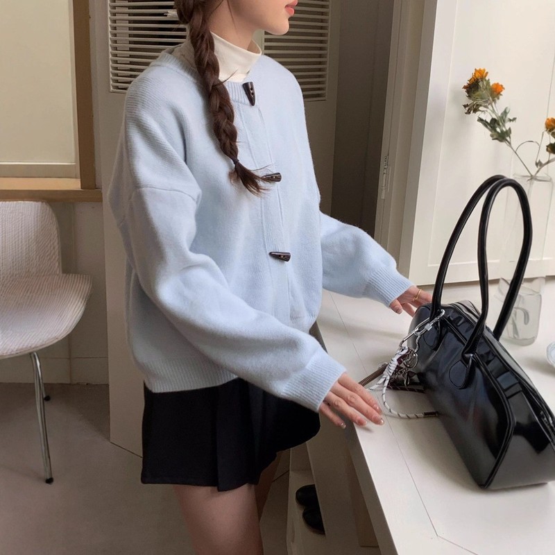 秋冬新款韩系宽松百搭针织外套黄色气质高级感牛角扣毛衣开衫女|undefined