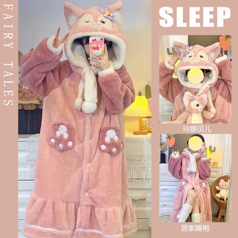 Lingna Beier fleece-lined thickened coral fleece pajamas women's autumn and winter flannel hooded nightgown cute cartoon bathrobe Lingna Beier fleece-lined thickened coral fleece pajamas women's autumn and winter flannel hooded nightgown cute cartoon bathrobe