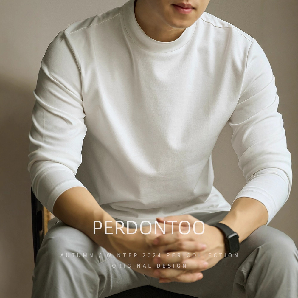 丝光棉长袖T恤男春秋季半高领打底衫男秋冬保暖长袖T纯色内搭上衣