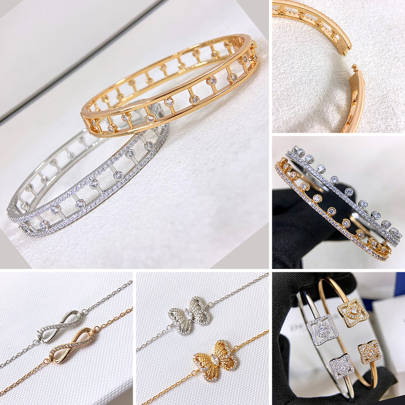 Note-Shaped Bracelet Made of S925 Silver with 18K Gold Plating, Featuring a Four-Pointed Star, Figure-Eight Cross, Butterfly, and Diamond Inlays, in a Fashionable Ladylike Style