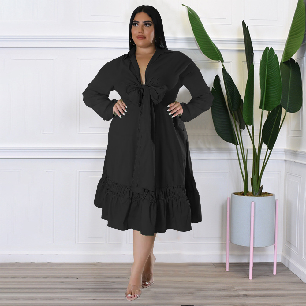 ChicShe N7679 2022 Solid Color Tie Bow Shirt Sleeve Loose Casual Ruffle Plus Size Dress_voghion.com