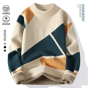2023 new round neck sweater men's 2023 autumn and winter New color matching sweater fashionable handsome warm bottoming shirt