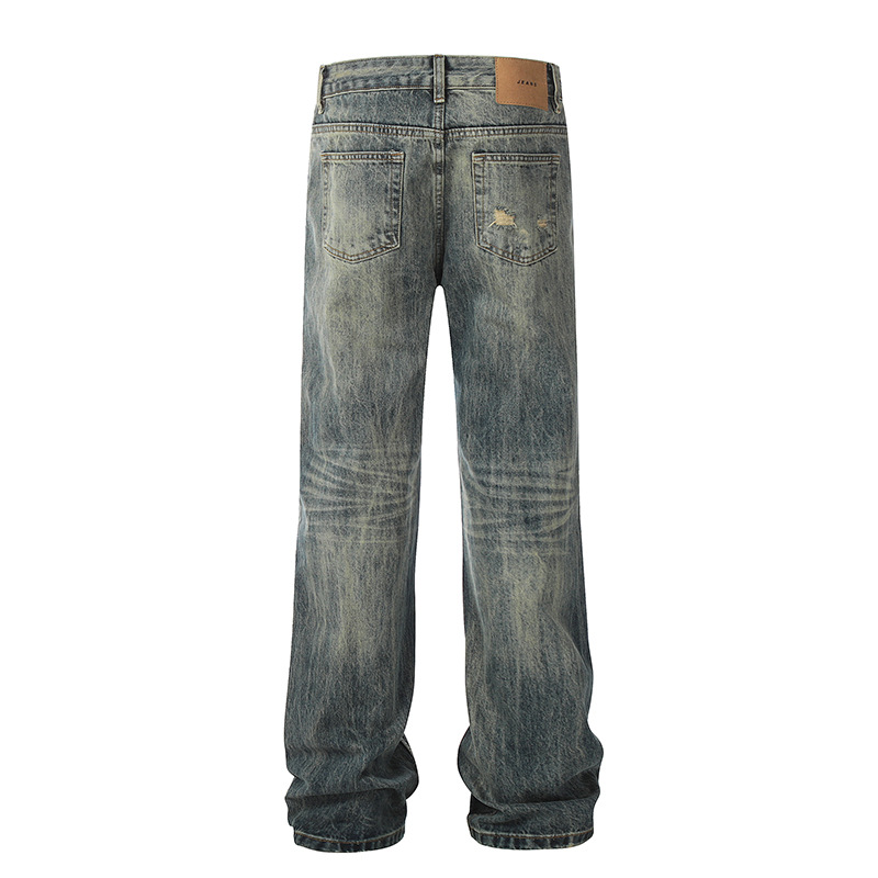 Unisex American Retro Cleanfit Washed Flared Ripped Jeans Straight Leg Slim Fit Street Style Wide Leg Pants_mkmklike.com