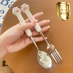 萌え猫爪模造磁器304ステンレス食器316スプーンフォーク箸携帯三点セットかわいいアニメのアイデア