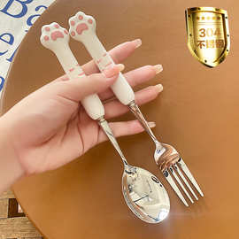 萌猫爪304不锈钢餐具316勺叉筷子便携式三件套装卡通猫爪勺跨境
