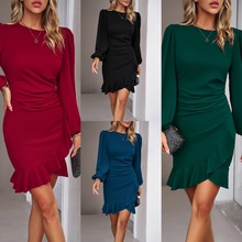 品质款跨境欧美外贸女装速卖通2023秋冬新品爆款纯色泡泡袖连衣裙