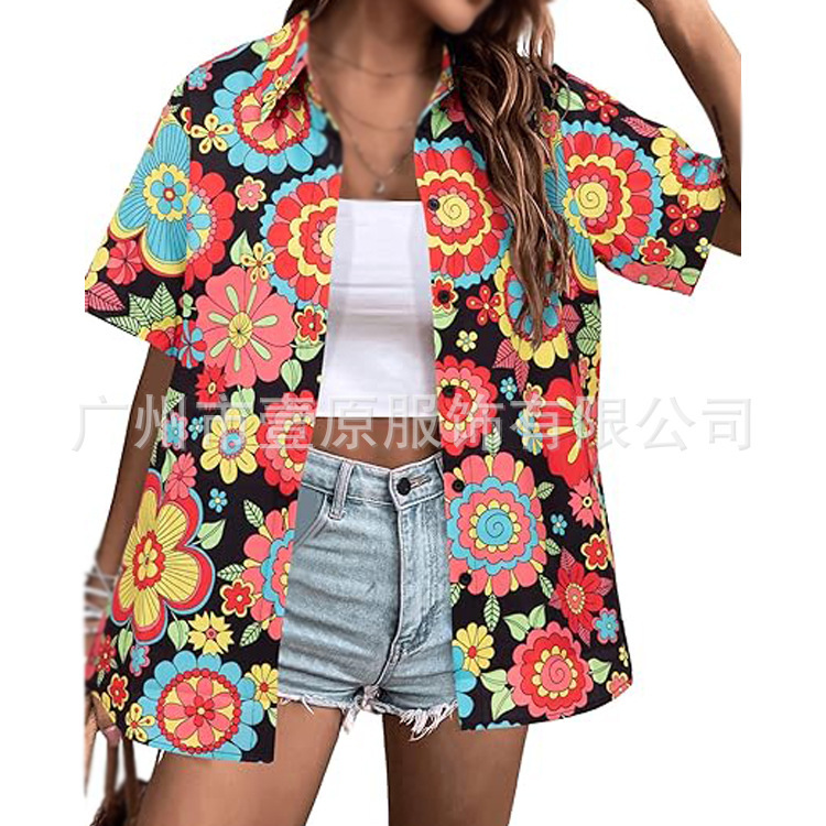 Cross-Border European and American 2025 Amazon Summer New 80S Hawaiian Shirt Short-Sleeved Retro Printed Shirt for Women