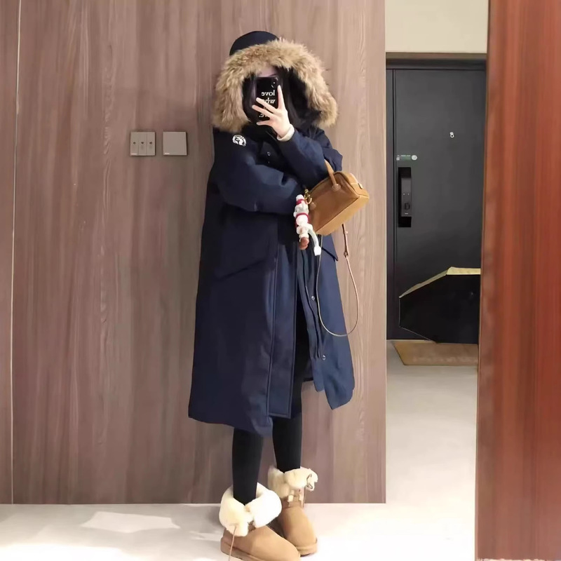 Long Over-The-Knee Parka with Large Fur Collar for Women, 2025 Winter New Korean Style Loose Thickened down Cotton Coat Jacket