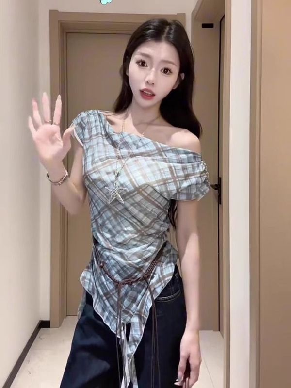 辣妹风复古格纹飘带上衣女2025气质气质不规则一字肩显瘦短袖T恤|undefined