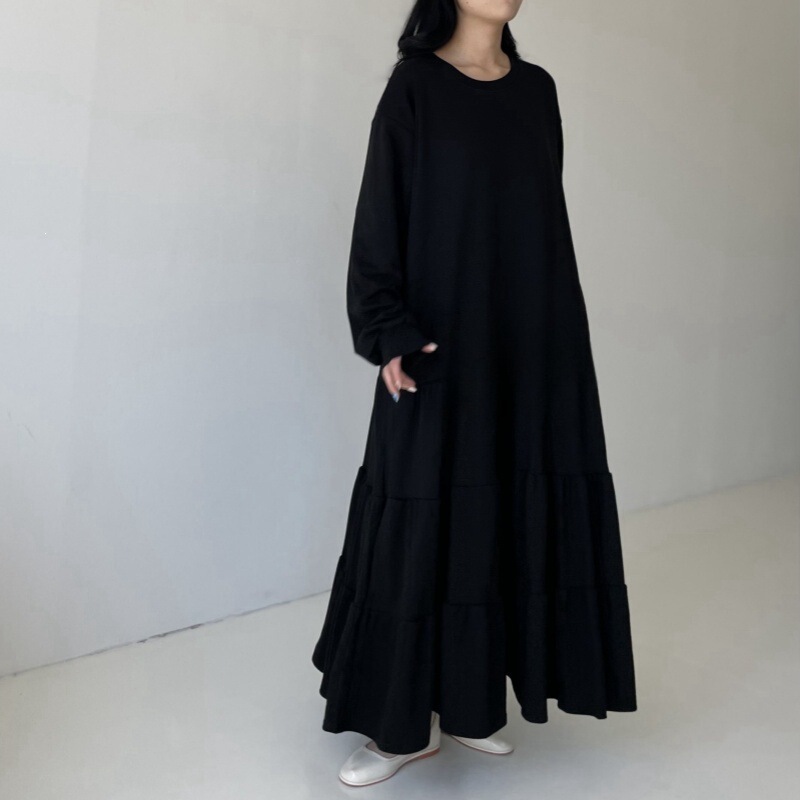 Cross-border Japanese-style spring-summer sweatshirt dress for women, ruffled hem, loose mid-length dress, lantern sleeves, over-the-knee dress…