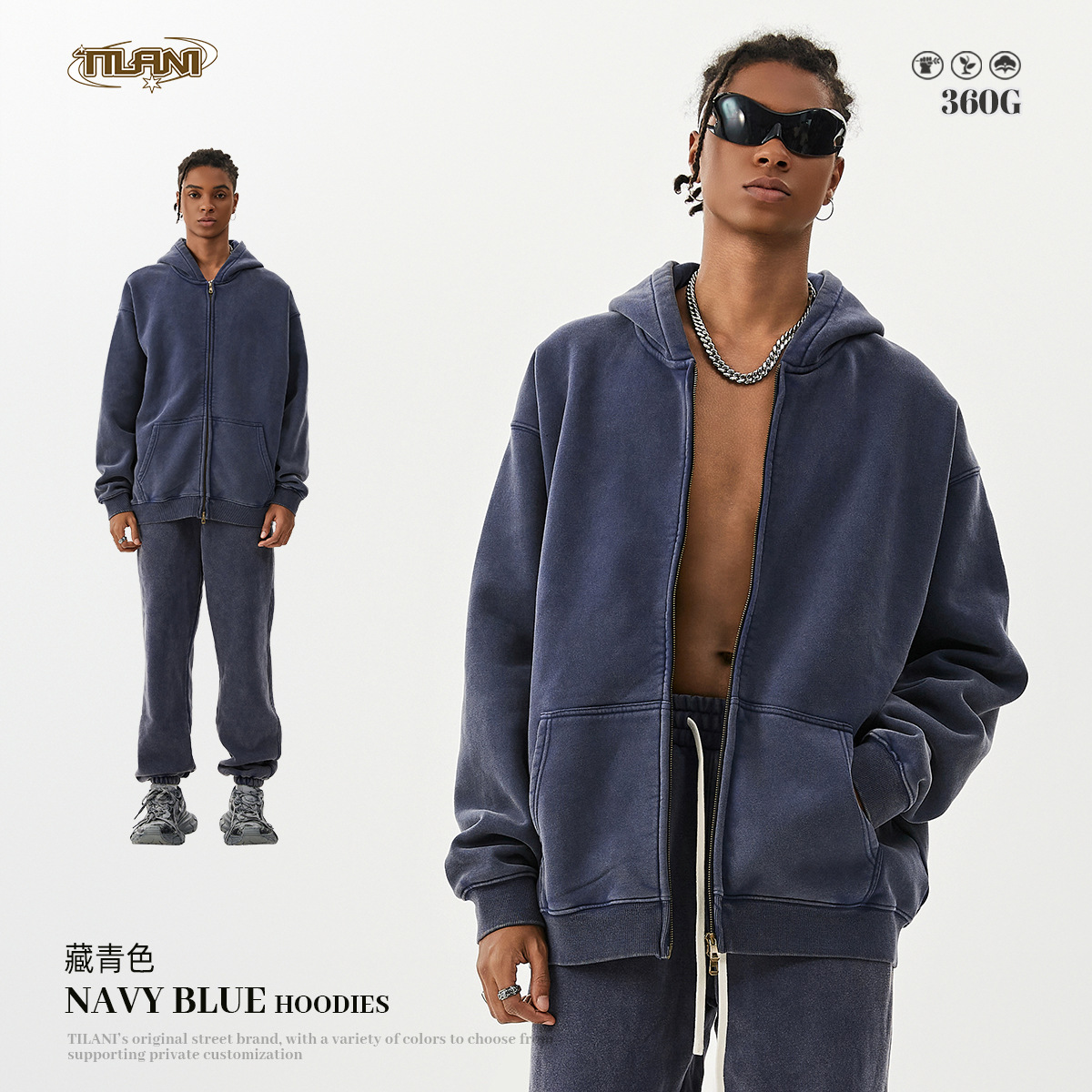 TILANI suéter de los hombres cardigan forrado de lana engrosada cremallera abrigo 360g lavado vintage encerado casual Sudadera con capucha