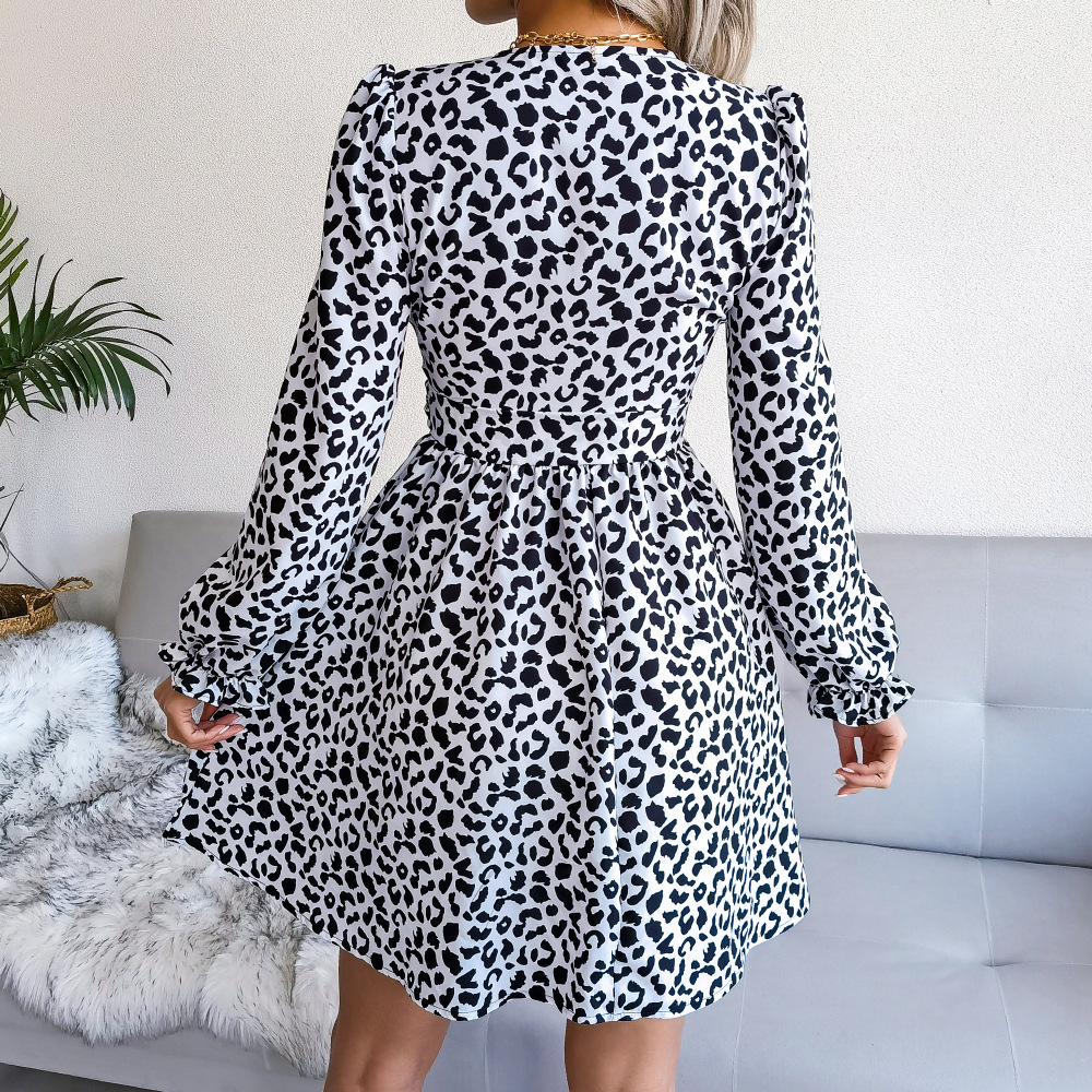 Long Sleeve V Neck Waist-Slim Leopard Print Dress NSBJ112124