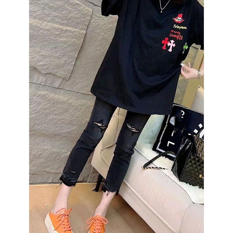 2025 Spring/Summer New Raw Hem Ripped Capri Jeans for Women Plus Size Slimming Thin Cigarette Pants