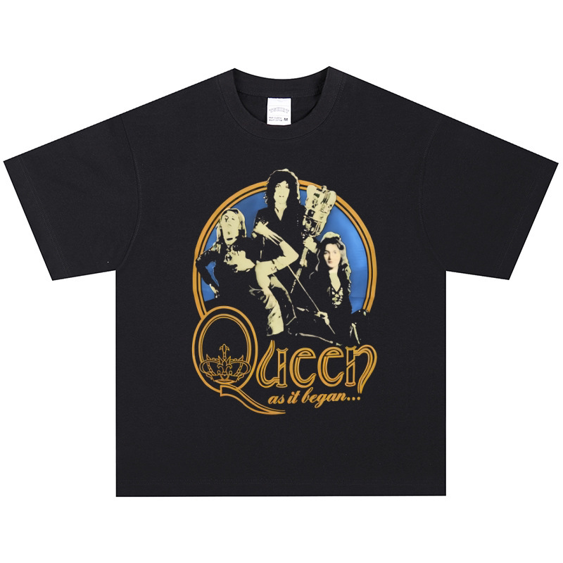 Queen band American retro t-shirt with distressed small neckline, hip-hop street style, trendy short sleeve, vintage long sleeve Queen band American retro t-shirt with distressed small neckline, hip-hop street style, trendy short sleeve, vintage long sleeve