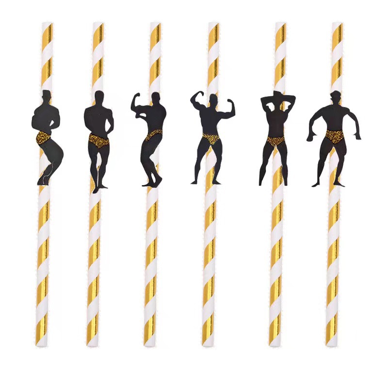 Fiesta de paja de papel desechable degradable paja de papel postre creativo feroz músculo masculino tarjeta masculina paja decorativa