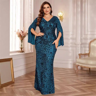 European and American plus size New Sequin Long-sleeved Evening Dress Women's Banquet Elegant Slim-fit Fishtail Dress Long Toast dress