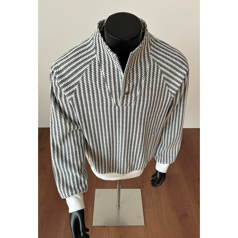 Fishbone Stripe Color-blocked -style Sweatshirt For Men And Women, Autumn High-end Design, Buttoned Henley Collar_voghion.com