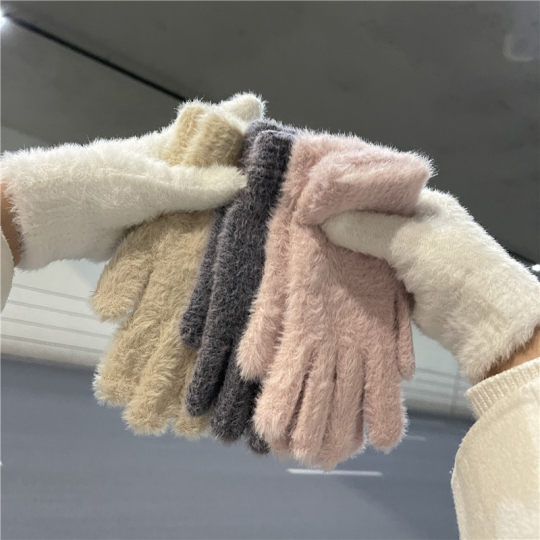 Cycling New Imitation Rabbit Fur Plush Ins Women's Winter Gloves fleece-lined Warm Cute Finger Cold-proof 2024 Students