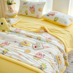 Spongebob Summer Quilt Four-Piece Set Washed Cotton Children's Cartoon Summer Quilt Air Conditioning Quilt Summer Soy Fiber Quilt