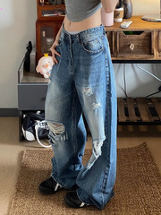 美式街头Vibe破洞牛仔裤女复古大码胖mm宽松水洗直筒阔腿裤拖地裤
