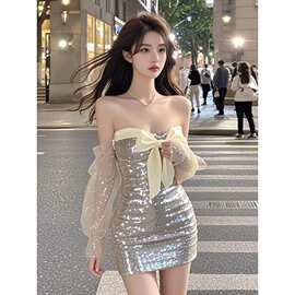 银色一字肩蝴蝶结设计网纱长袖细闪连衣裙女秋季法式千金包臀短裙