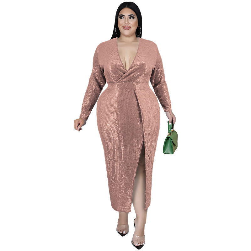 Dameskleding Plus Size Fluweelbasis Geborduurde Pailletten V-hals Lange Mouwen Bodycon Midi Jurk_voghion.com