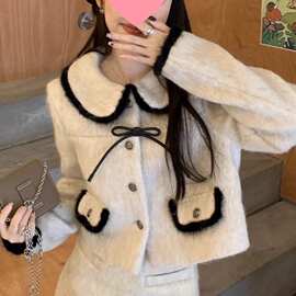 秋冬新款撞色感小香风娃娃领套装女韩系毛呢外套半身裙两件套