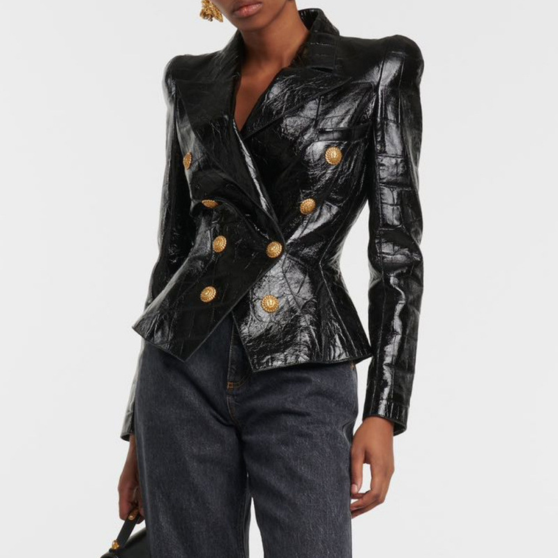 2023 Autumn and Winter New Black Pu Leather Glossy Shoulder-Raised Slim-Fit Blazer with a Cinched Waist, Stylish Cross-Border Jacket Top Trend