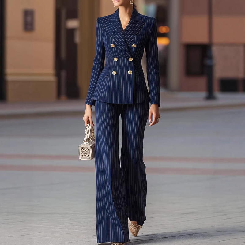 2026 European and American Hot-Selling New Striped Long-Sleeve Elegant Slim-Fit Waist-Cinching Women's Suit Set