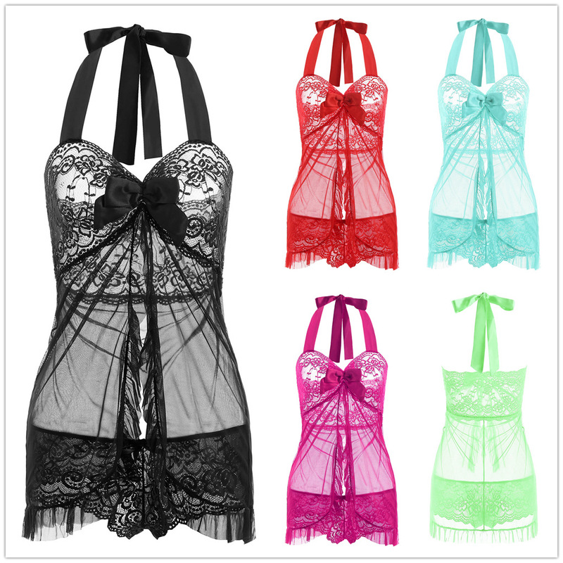 Women's Sexy Underwear Mesh Lotus Leaf Hem Princess Nightdress Vent Backless Strap Perspective Temptation Strap Pajamas