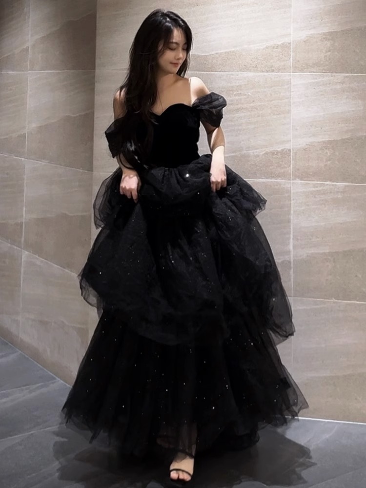 Váy dạ hội tutu kiểu Pháp màu đen sang trọng, dáng maxi thắt eo, phù hợp lễ tốt nghiệp, lễ trưởng thành — Màu đen chi tiết 5
