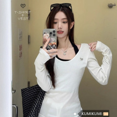 【人棉】白色v领叠穿长袖t恤女秋修身显瘦辣辣妹正肩上衣两件