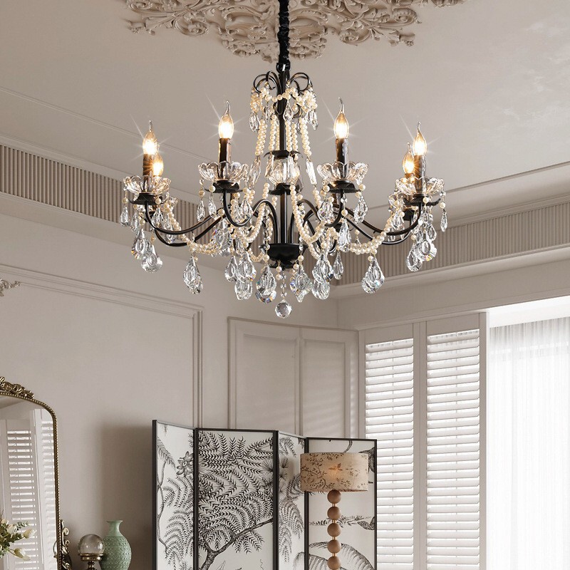 French Light Luxury Style Crystal Living Room Chandelier American Mid-Century Retro Dining Room Bedroom Lamp Villa High-Rise Suspended Chandelier