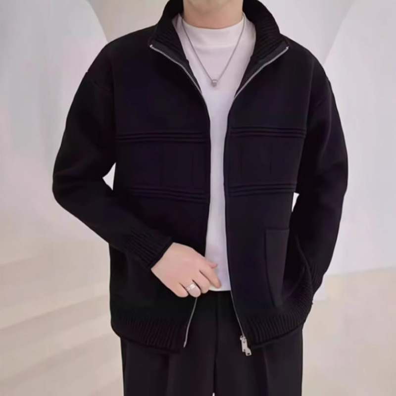 2024 Winter Cardigan Rolled Edge Sweater Men's Jacket Simple Versatile Trendy Brand Stand Collar Loose Knitwear Men's Top