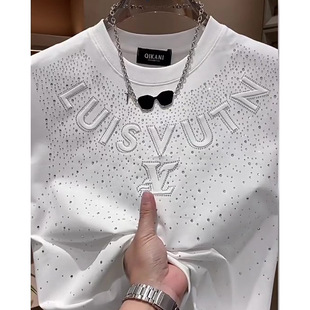 2025 New Style Young Men's Short-Sleeved Round Neck T-Shirt Light Luxury Letter Embroidery Hot Diamond Quick-Drying T-Shirt