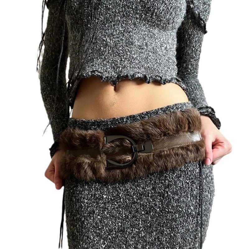 Cross border European and American retro style personalized fur splicing wide waist belt, women's metal hook design, versatile belt waist seal_voghion.com