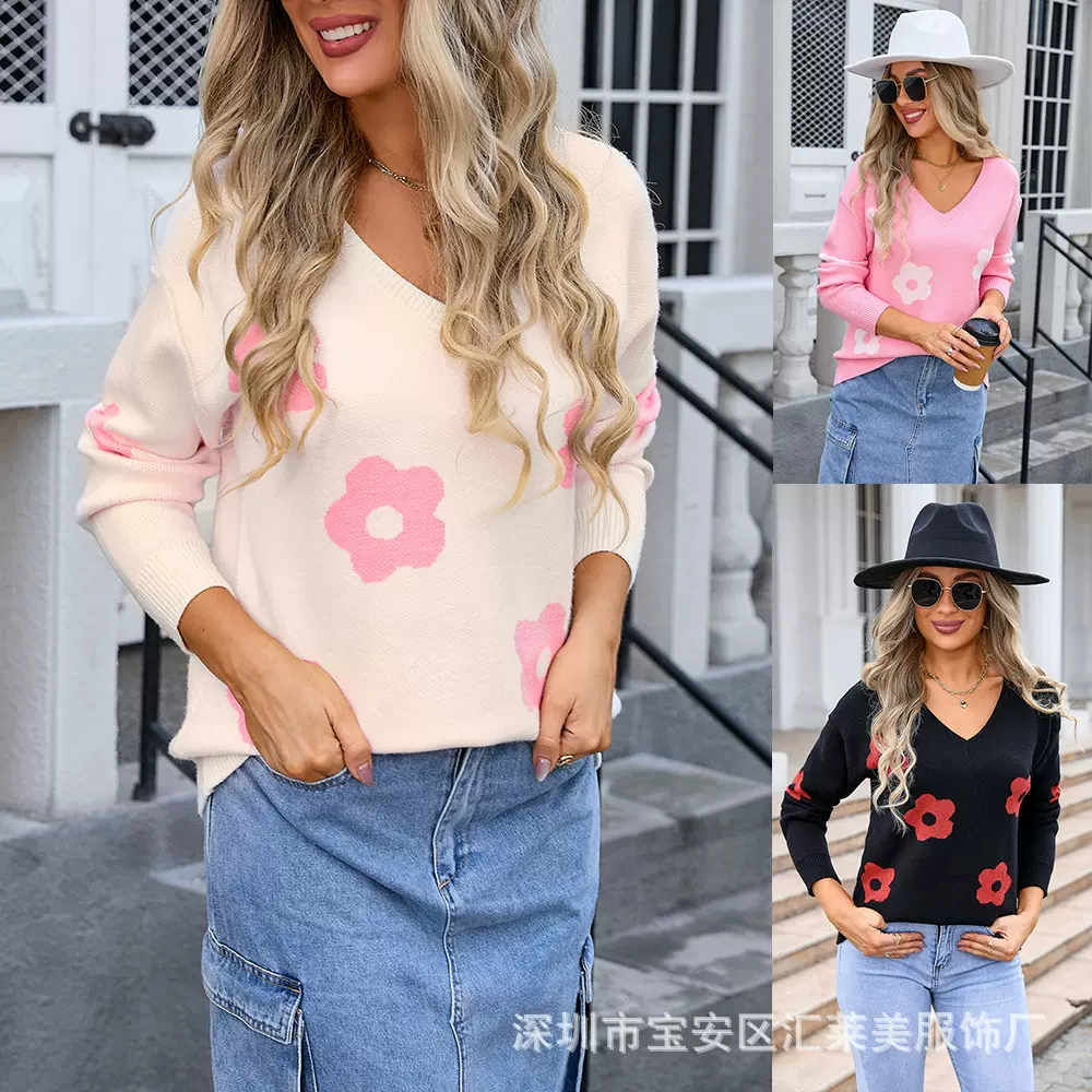 2024欧美毛衣亚马逊跨境外贸大码毛衣V领长袖花朵针织衫一件代发