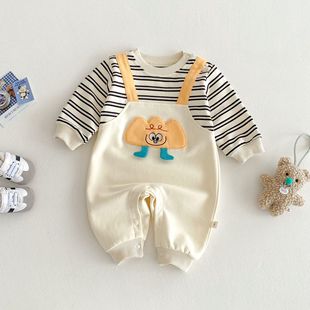 [No Return or Exchange] Baby Cartoon Jumpsuit 2025 New Spring 0-5 Years Old Baby Striped Fake Two-Piece Romper Suit