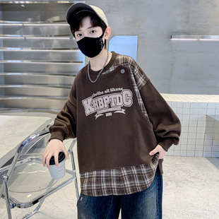 Boys' Spring and Autumn New Plaid Stitching Sweater 2024 New Fashionable Loose Personalized Base Shirt for Middle and Big Boys